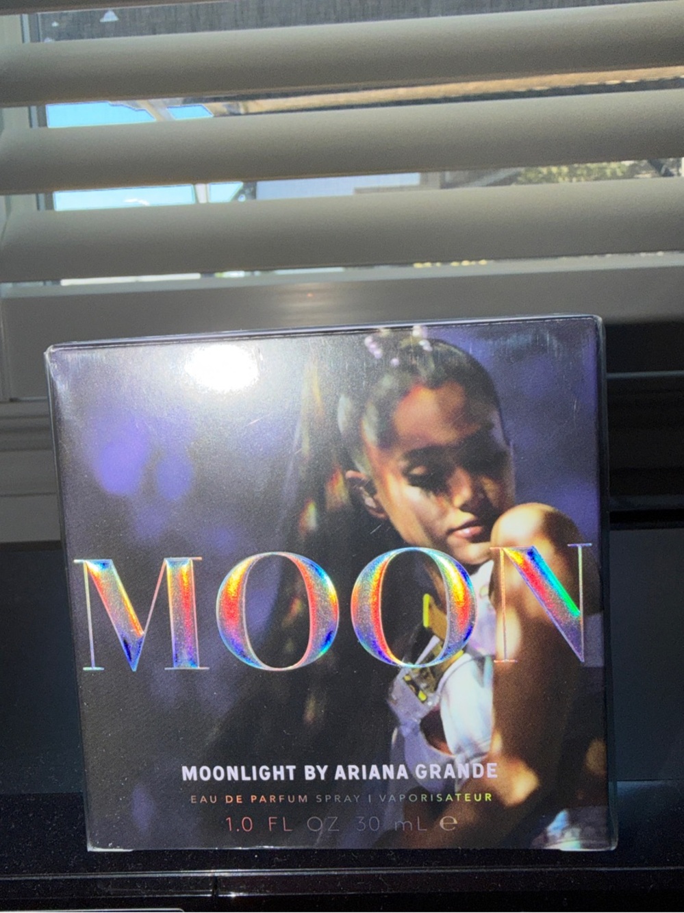 Ariana Grande Moon Iridescent Lettering on Black and Purple Box